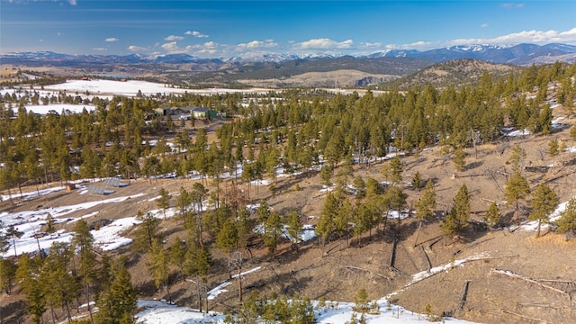 snowy aerial view with a mountain view