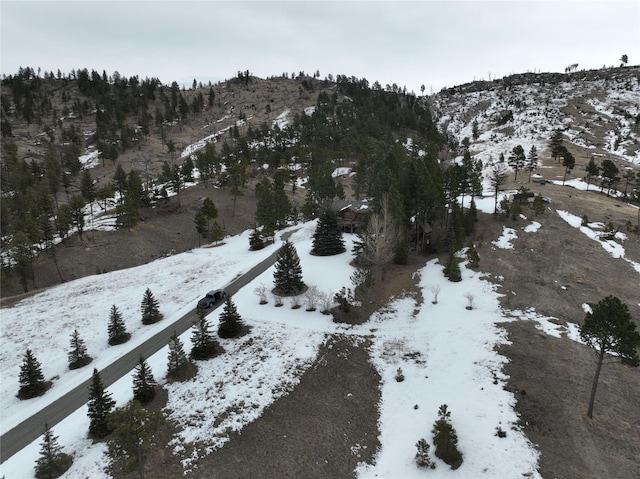 snowy aerial view with a mountain view