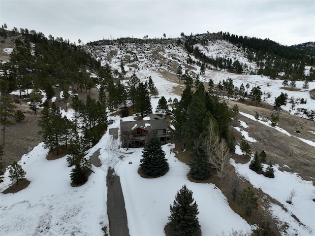 snowy aerial view with a mountain view