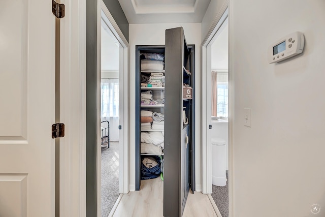 corridor with a healthy amount of sunlight, light carpet, and baseboards