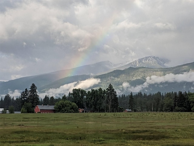 mountain view featuring a view of trees and a rural view