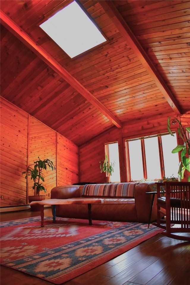 living room with wooden ceiling, lofted ceiling with skylight, wooden walls, and hardwood / wood-style flooring