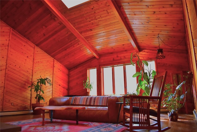 living room with wooden ceiling, a baseboard radiator, wood finished floors, vaulted ceiling with beams, and wood walls