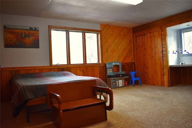 carpeted bedroom with wooden walls and multiple windows