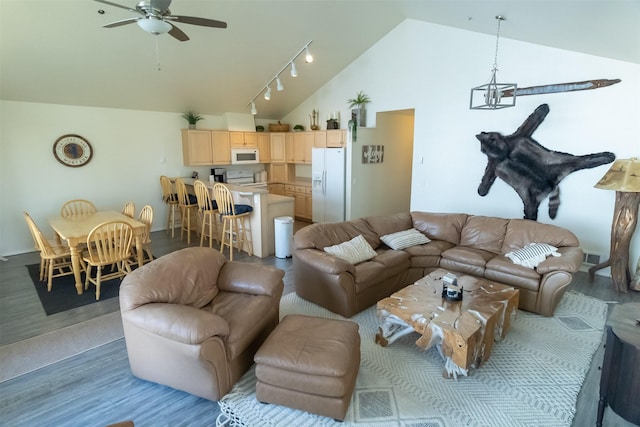 50550 US Highway 93 Unit 6, Polson, MT 59860 - living room with ceiling fan with notable chandelier, high vaulted ceiling, wood finished floors, and rail lighting
