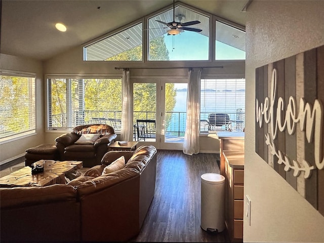 50550 US Highway 93 Unit 6, Polson, MT 59860 - living area featuring dark wood-style floors, ceiling fan, plenty of natural light, and lofted ceiling
