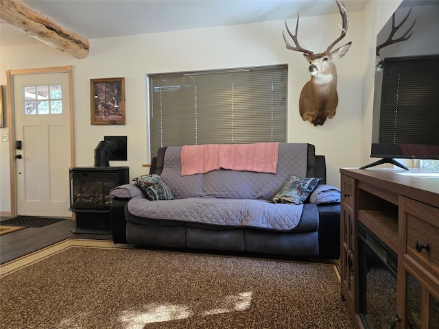 living area with granite finish floor and a wood stove