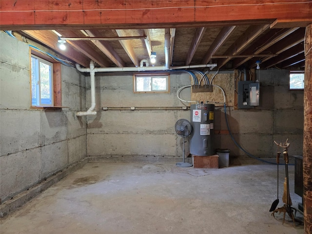 below grade area featuring electric panel, water heater, and a healthy amount of sunlight