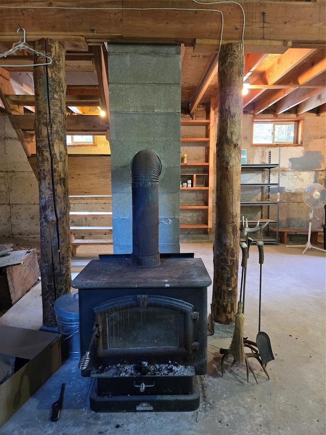 interior details featuring a wood stove