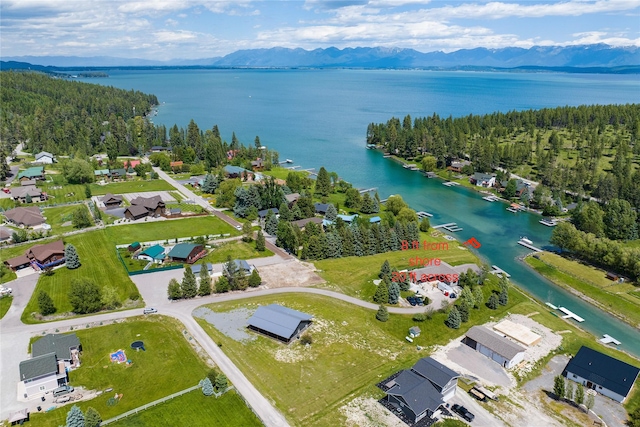 bird's eye view with a forest view and a water and mountain view