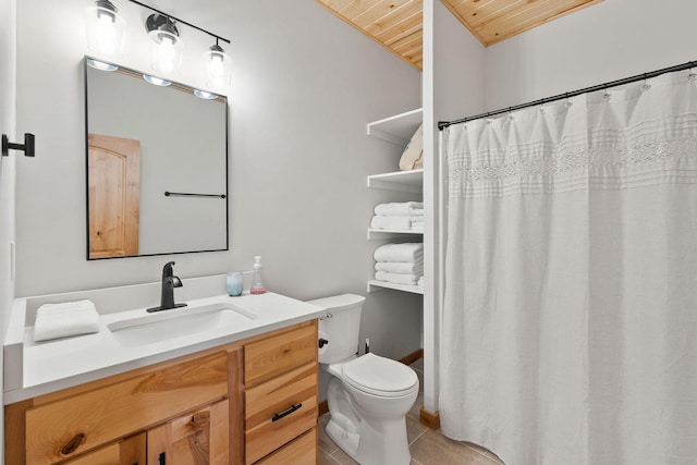 bathroom featuring a shower with shower curtain, toilet, wood ceiling, vanity, and tile patterned flooring