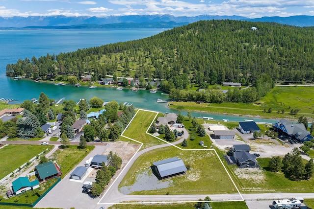 drone / aerial view with a view of trees and a water and mountain view