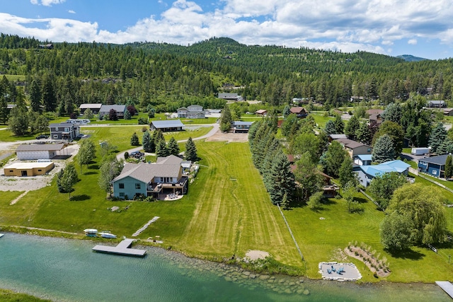 birds eye view of property with a water view and a forest view