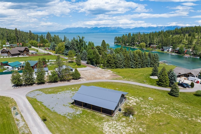 aerial view with a forest view and a water and mountain view