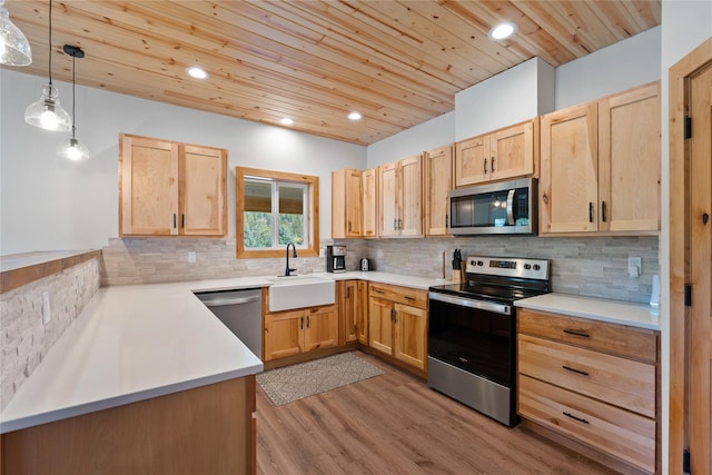 kitchen with stainless steel appliances, light brown cabinetry, backsplash, and wood ceiling