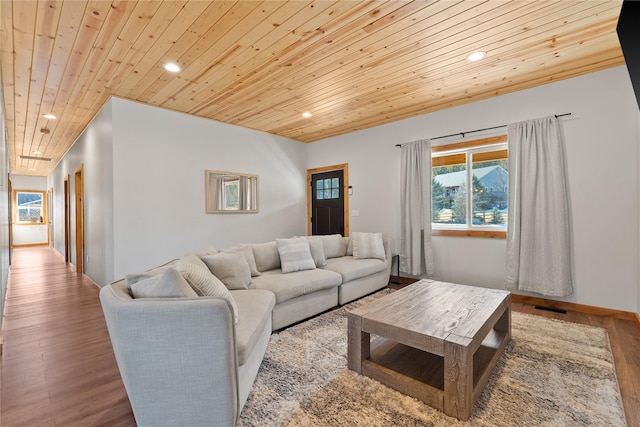 living area with visible vents, wood finished floors, wood ceiling, and recessed lighting