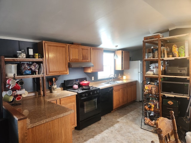 kitchen featuring under cabinet range hood, open shelves, a sink, black appliances, and pendant lighting