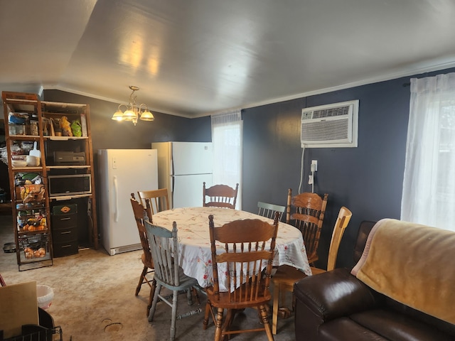 dining area with lofted ceiling, ornamental molding, a wall mounted air conditioner, and an inviting chandelier