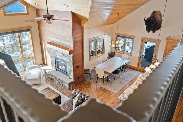 living area featuring wood ceiling, a fireplace, high vaulted ceiling, and wood finished floors