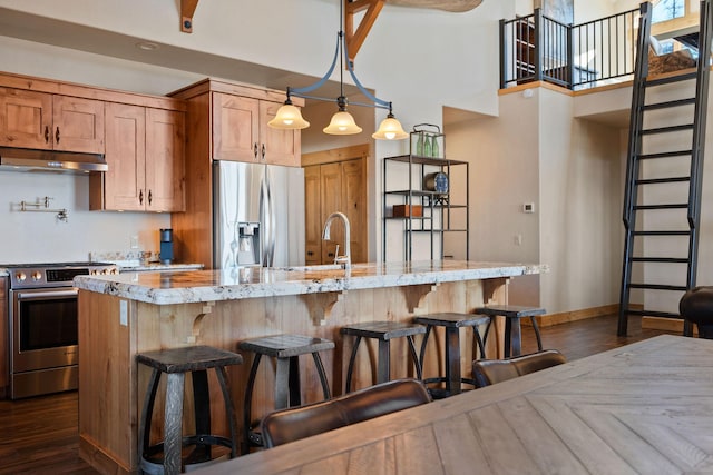 476 Elk Highlands Dr, Whitefish, MT 59937 - kitchen featuring stainless steel appliances, under cabinet range hood, a sink, baseboards, and a towering ceiling
