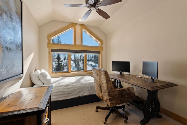 476 Elk Highlands Dr, Whitefish, MT 59937 - bedroom with carpet, lofted ceiling, ceiling fan, a desk, and baseboards