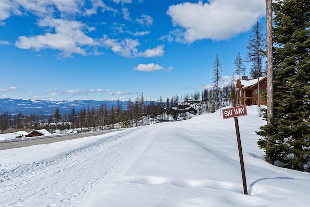 snowy yard with a mountain view