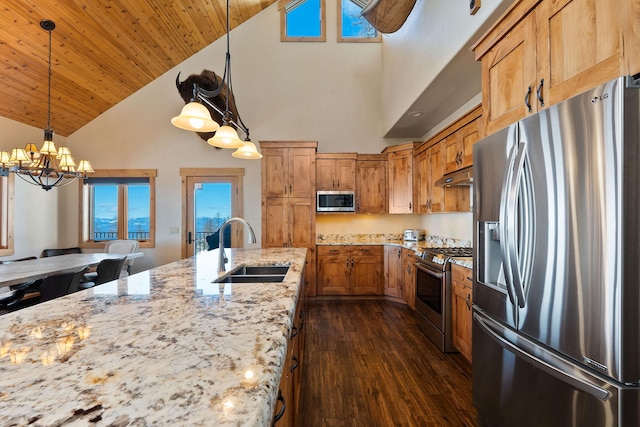 kitchen featuring light stone counters, under cabinet range hood, dark wood-style flooring, a sink, and appliances with stainless steel finishes