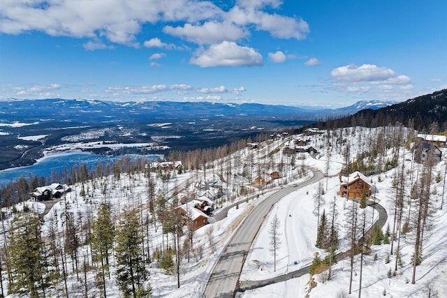 snowy aerial view with a mountain view