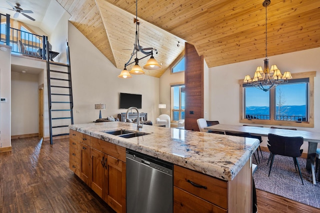 kitchen with wood ceiling, open floor plan, dark wood-type flooring, stainless steel dishwasher, and a sink