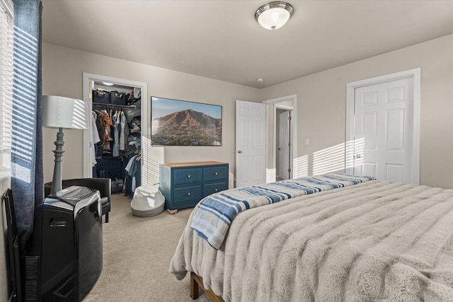 bedroom with a spacious closet, a closet, and light colored carpet