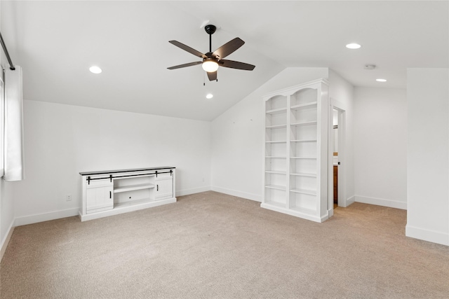 154 W Swift Creek Way, Kalispell, MT 59901 - bonus room featuring ceiling fan, light carpet, lofted ceiling, recessed lighting, and built in shelves