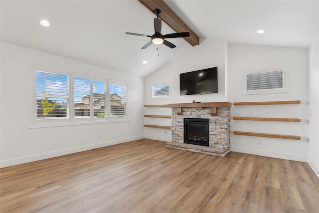 154 W Swift Creek Way, Kalispell, MT 59901 - unfurnished living room featuring a ceiling fan, a fireplace, wood finished floors, and recessed lighting
