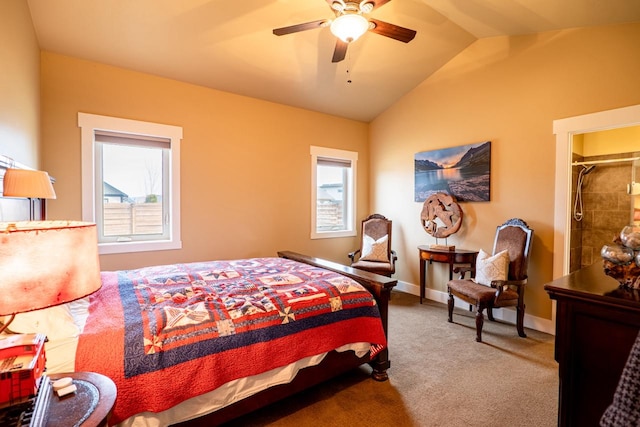 bedroom with lofted ceiling, carpet floors, a ceiling fan, and baseboards