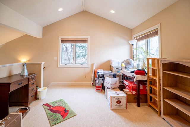 interior space featuring vaulted ceiling with beams, carpet, baseboards, and recessed lighting