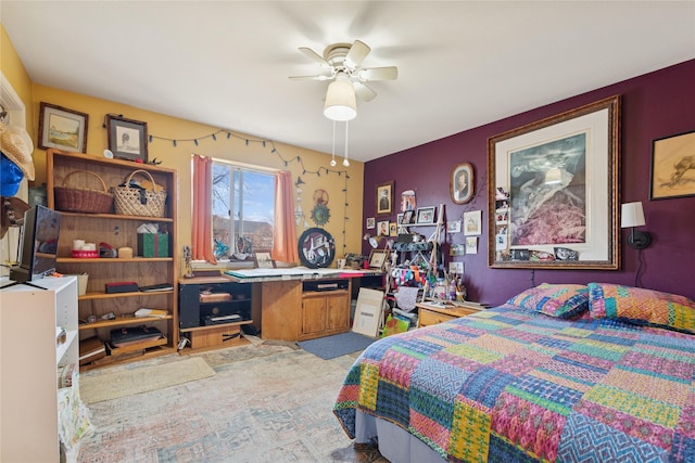 bedroom with carpet and a ceiling fan