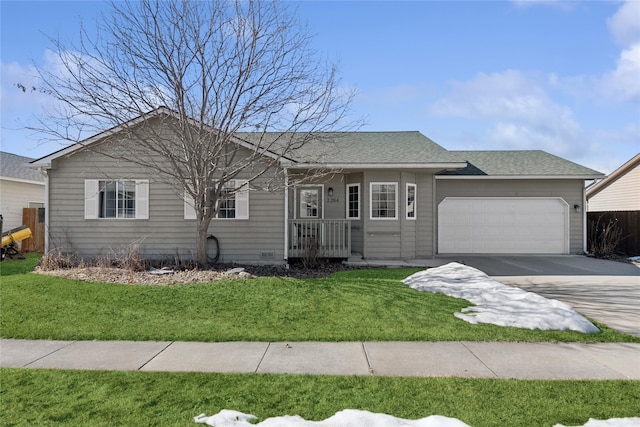 ranch-style home with driveway, a front lawn, roof with shingles, and an attached garage