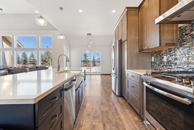 kitchen with tasteful backsplash, appliances with stainless steel finishes, light wood-style floors, a sink, and under cabinet range hood