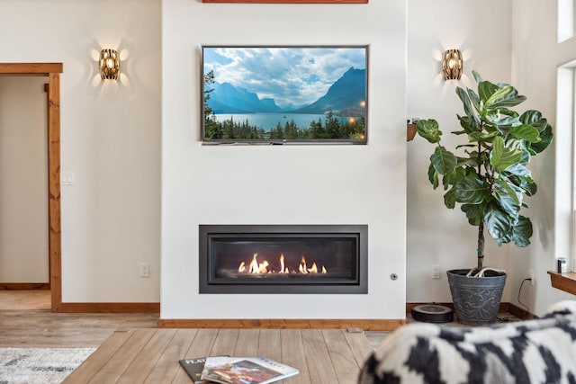 living room featuring baseboards, wood finished floors, and a glass covered fireplace