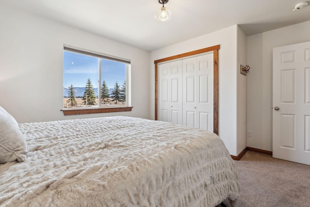 bedroom featuring a closet, carpet, and baseboards