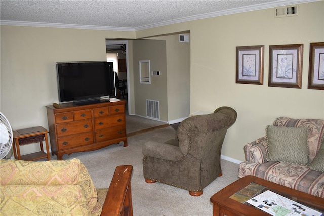 carpeted living area featuring crown molding, baseboards, and visible vents