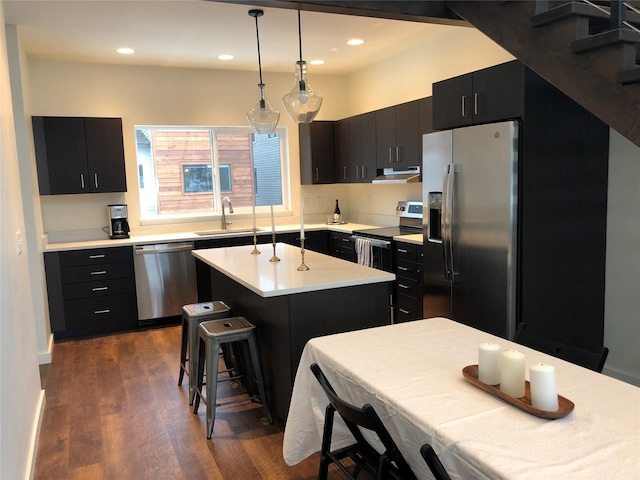 kitchen with under cabinet range hood, dark cabinets, stainless steel appliances, a kitchen island, and a sink