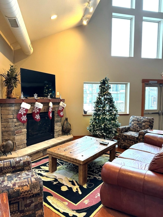 living room with high vaulted ceiling, rail lighting, a fireplace, and wood finished floors