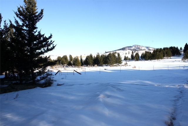 yard covered in snow featuring a mountain view