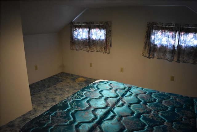 bedroom featuring carpet and vaulted ceiling