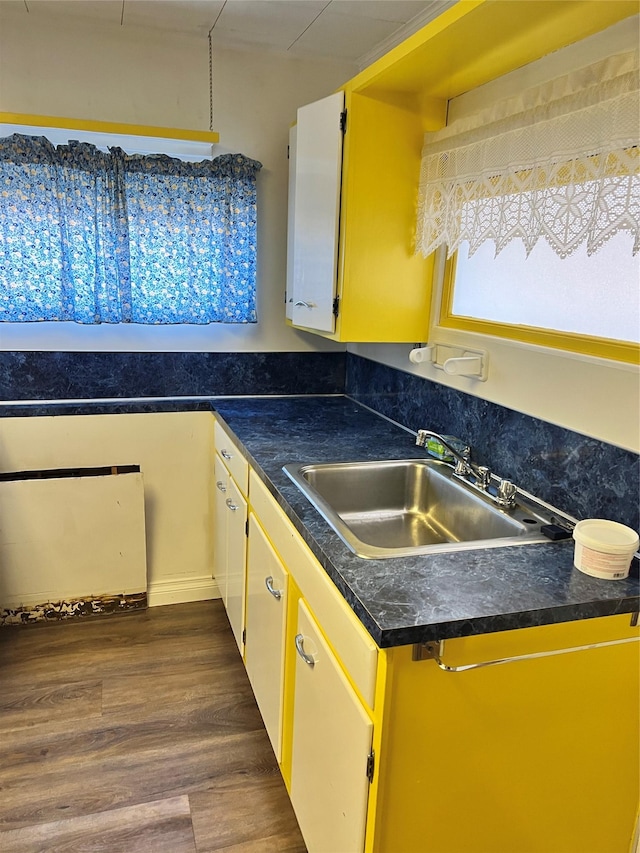 kitchen with dark wood-type flooring, dark countertops, and a sink