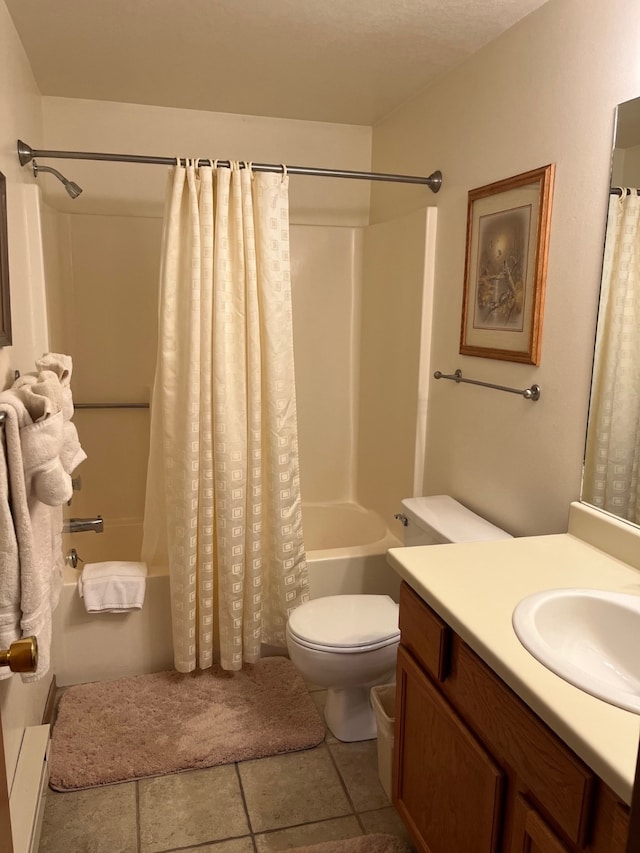 full bath featuring vanity, shower / bath combination with curtain, and toilet