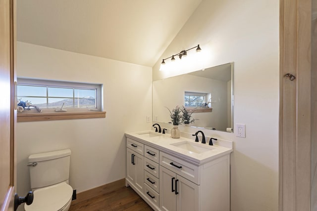 full bathroom with vaulted ceiling, plenty of natural light, toilet, and a sink