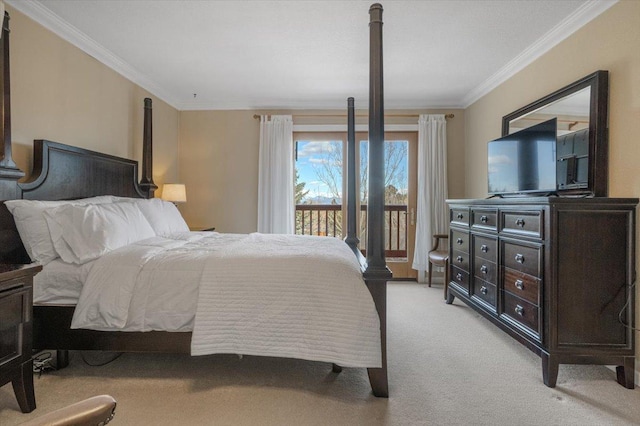 bedroom featuring light carpet, crown molding, and access to outside