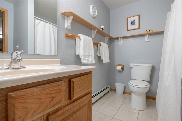 full bath with vanity, baseboards, tile patterned flooring, toilet, and baseboard heating