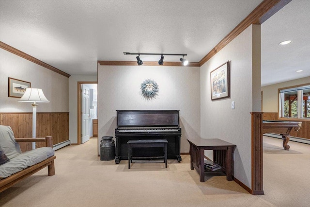 living area with a baseboard heating unit, carpet, wooden walls, and a textured ceiling